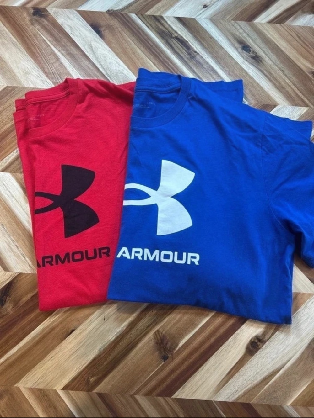 2 Under Armour Short-Sleeve Logo Tees in Blue and Red